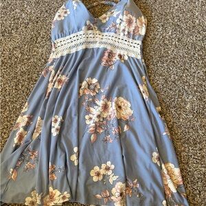 Derek Heart Blue Floral Mini Dress with Cream Lace
